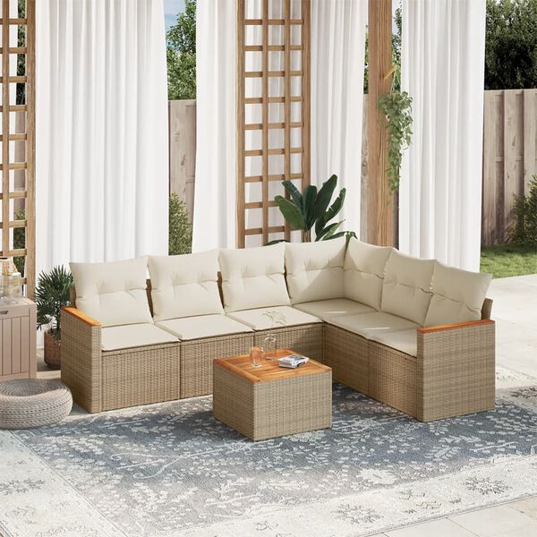 vidaXL 7-delige Loungeset met kussens poly rattan beige