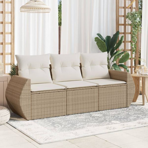vidaXL 3-delige Loungeset met kussens poly rattan beige