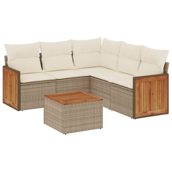 vidaXL 6-delige Loungeset met kussens poly rattan beige