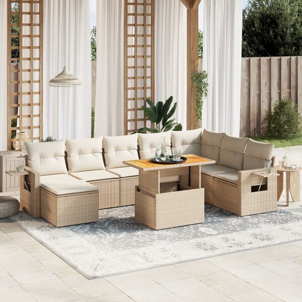 vidaXL 9-delige Loungeset met kussens poly rattan beige