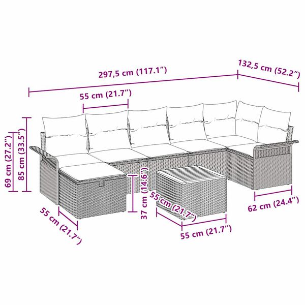 vidaXL Tuin Sofa Set met kussen met opslag 8 pcs Beige Poly riet