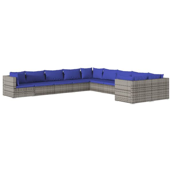 vidaXL 10-delige Loungeset met kussens poly rattan grijs