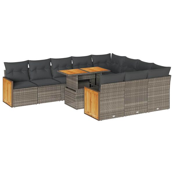 vidaXL 11-delige Loungeset met kussens poly rattan acacia grijs