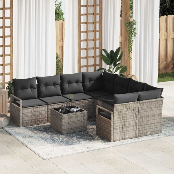 vidaXL Bankstel met kussen met opslag 9 pcs Grijs poly rattan