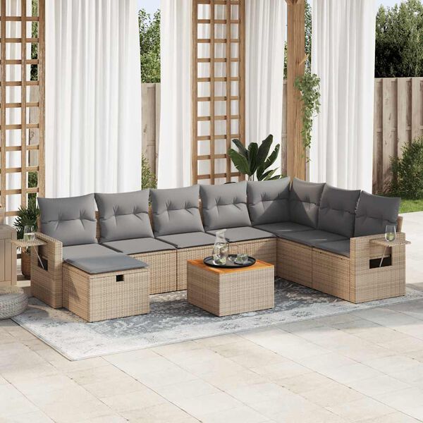 vidaXL 9-delige Loungeset met kussens poly rattan beige