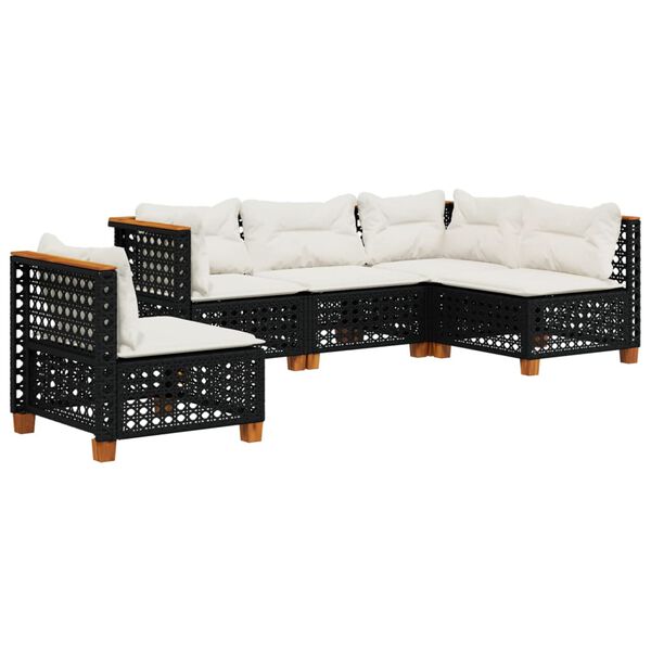 vidaXL 5-delige Loungeset met kussens poly rattan zwart