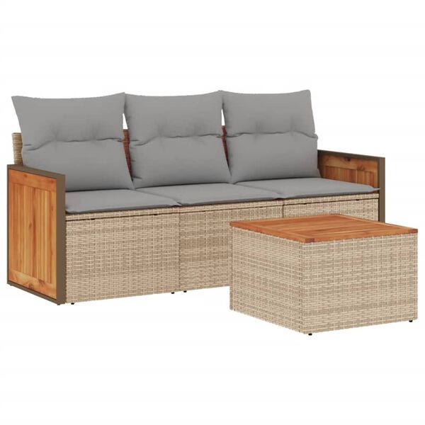 vidaXL 4-delige Loungeset met kussens poly rattan beige