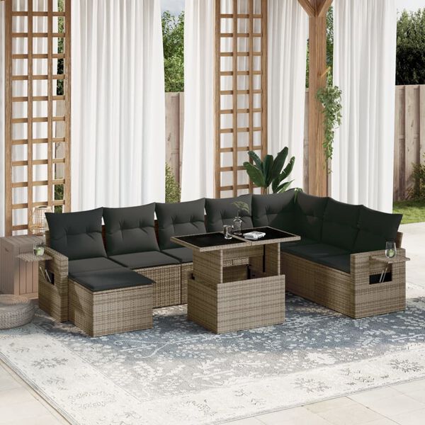 vidaXL 9-delige Loungeset met kussens poly rattan grijs