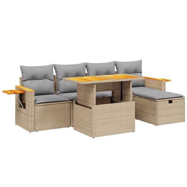 vidaXL 6-delige Loungeset met kussens poly rattan beige