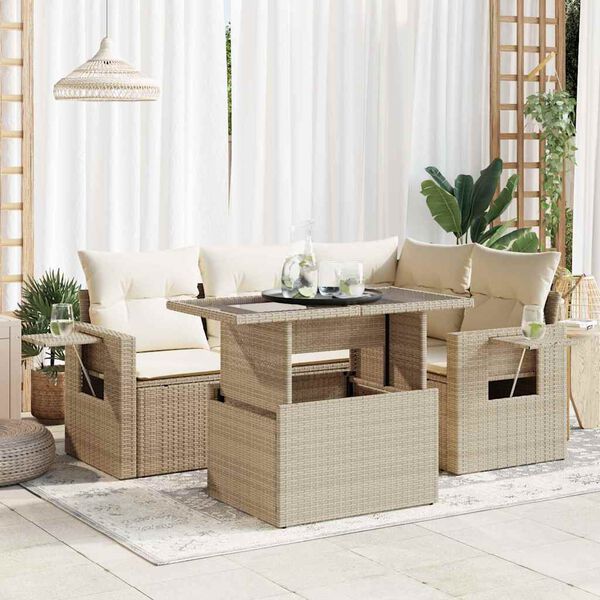 vidaXL 5-delige Loungeset met kussens poly rattan beige