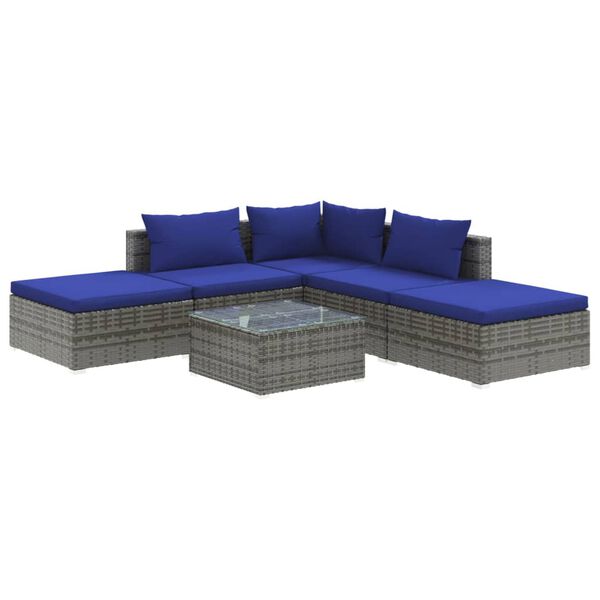 vidaXL 6-delige Loungeset met kussens poly rattan grijs