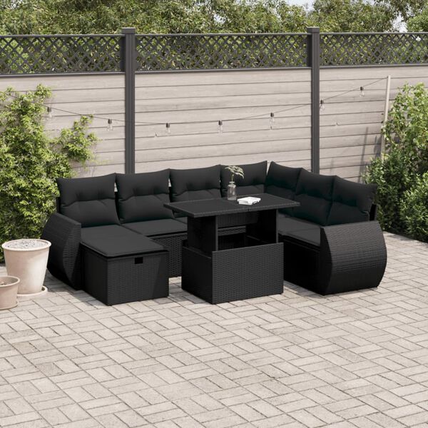 vidaXL 8-delige Loungeset met kussens poly rattan zwart