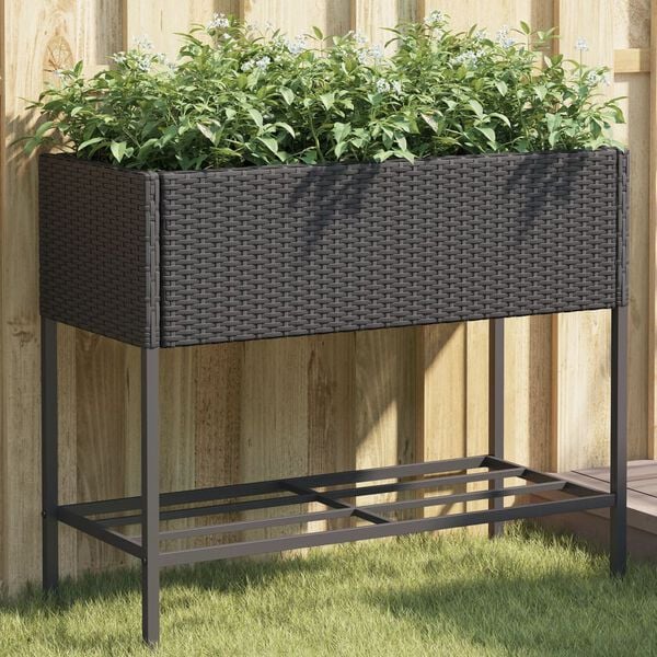 vidaXL Plantenbak met schap poly rattan zwart