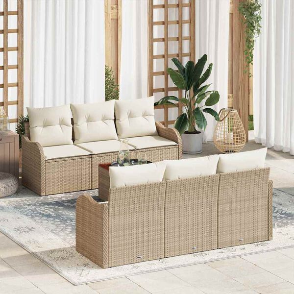 vidaXL Tuinbankenset met kussen 7 pcs Beige poly rattan