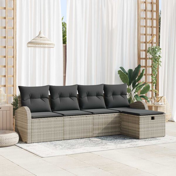 vidaXL Tuin Sofa Set met kussen met opslag 5 pcs Lichtgrijs Poly riet