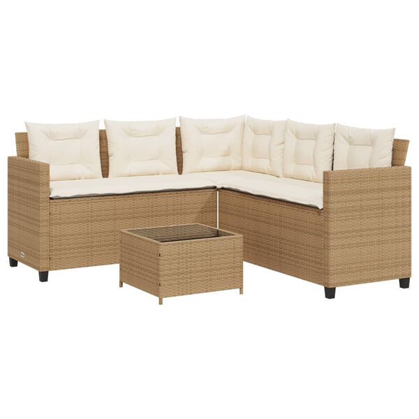 vidaXL Tuinbank met tafel en kussens L-vormig poly rattan beige