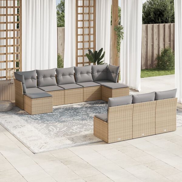 vidaXL 10-delige Loungeset met kussens poly rattan beige