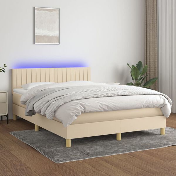 vidaXL Boxspring met matras en LED stof cr&egrave;mekleurig 140x200 cm
