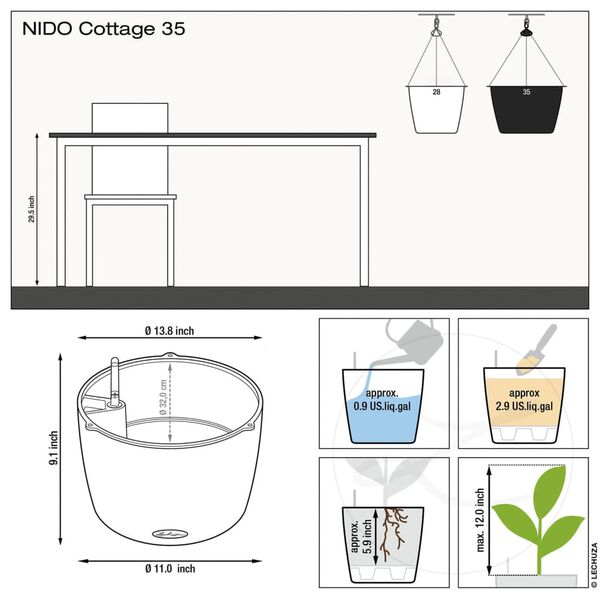LECHUZA Plantenbak NIDO Cottage 35 ALL-IN-ONE hangend grafietzwart