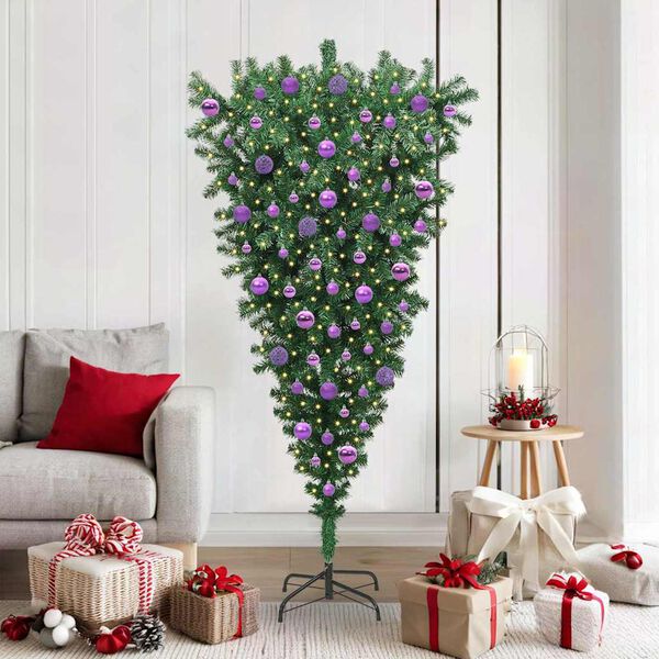 vidaXL Zijwaarts kunstkerstboom met ballenset Groen 180 cm PVC