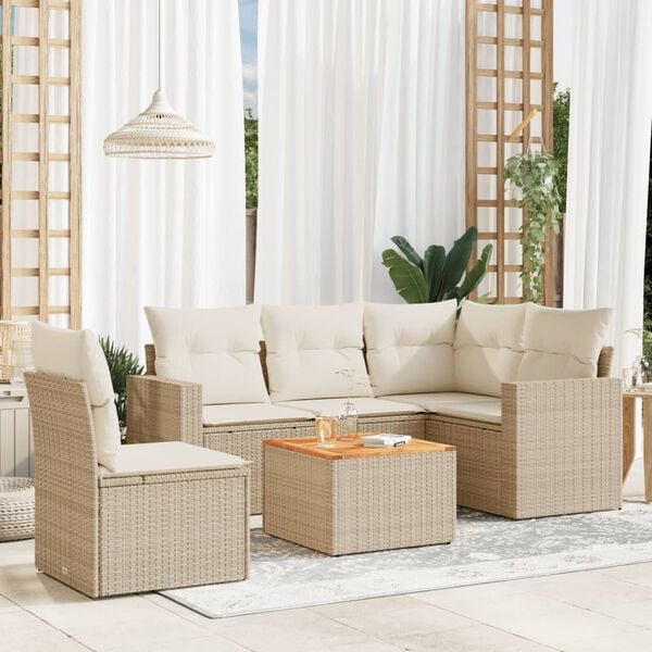 vidaXL 6-delige Loungeset met kussens poly rattan beige