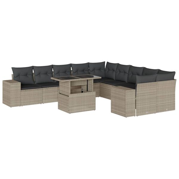 vidaXL 11-delige Loungeset met kussens poly rattan lichtgrijs