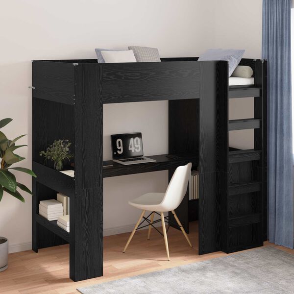 vidaXL Loft Bedframe met Bureau Zwart Eiken 90 x 200 cm Bewerkt hout