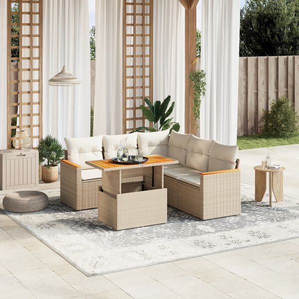 vidaXL 6-delige Loungeset met kussens poly rattan beige