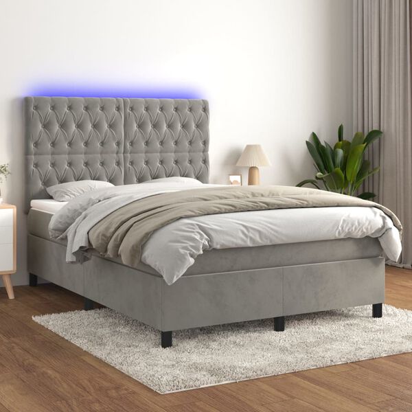 vidaXL Boxspring met matras en LED fluweel lichtgrijs 140x190 cm