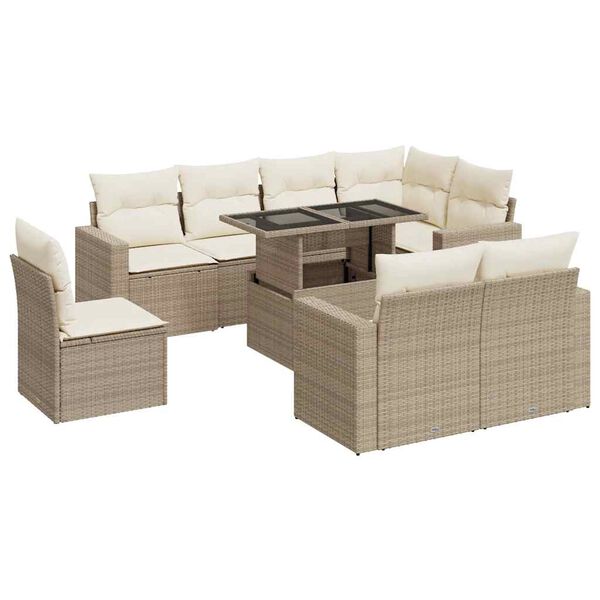 vidaXL 9-delige Loungeset met kussens poly rattan beige