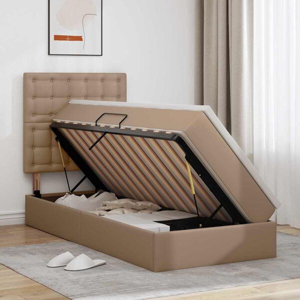 vidaXL Opbergbed met LED met matras Cappuccino 90 x 200 cm Nep Leer