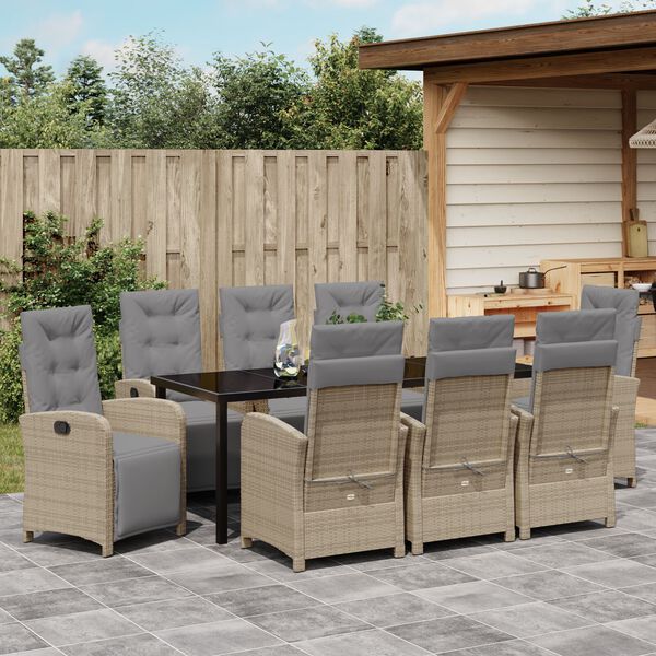 vidaXL Tuin eettafelset met kussen 9 pcs Beige poly rattan