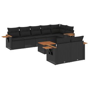 vidaXL 9-delige Loungeset met kussens poly rattan zwart