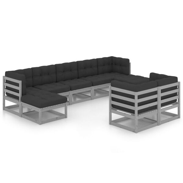 vidaXL 9-delige Loungeset met kussens massief grenenhout grijs