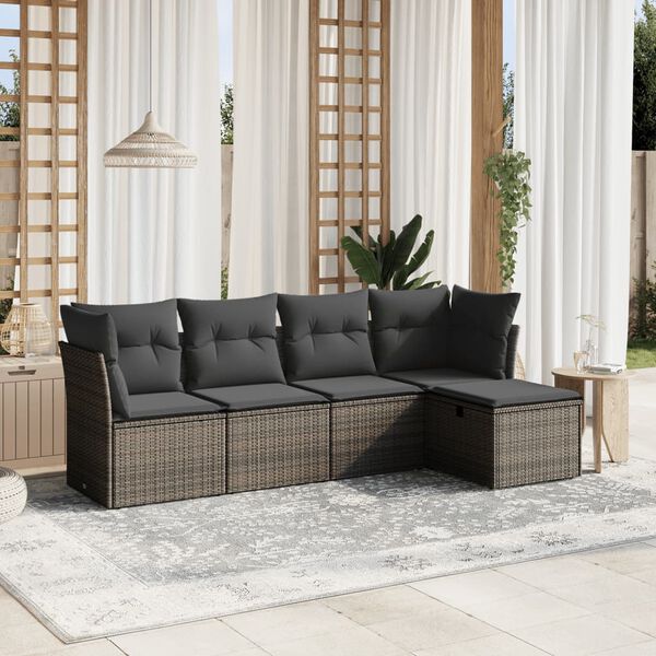 vidaXL 5-delige Loungeset met kussens poly rattan grijs