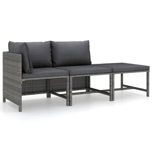 vidaXL 3-delige Loungeset met kussens poly rattan grijs