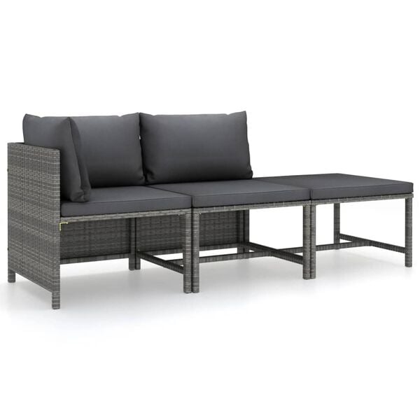 vidaXL 3-delige Loungeset met kussens poly rattan grijs