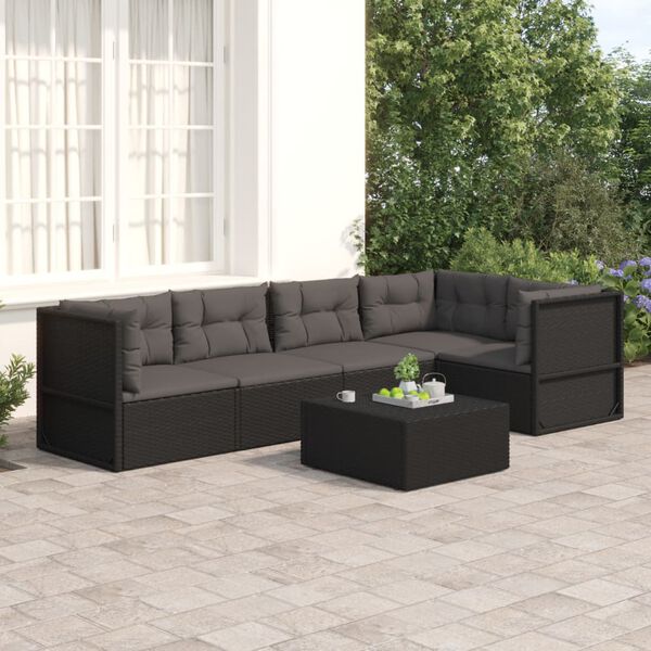 vidaXL 5-delige Loungeset met kussens poly rattan zwart