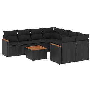 vidaXL 9-delige Loungeset met kussens poly rattan zwart