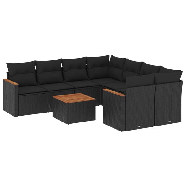 vidaXL 9-delige Loungeset met kussens poly rattan zwart