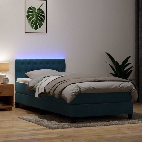 vidaXL Boxspring met matras en LED fluweel donkerblauw 90x210 cm