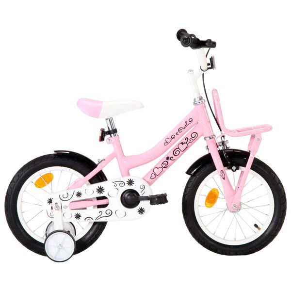 vidaXL Kinderfiets met voordrager 14 inch wit en roze
