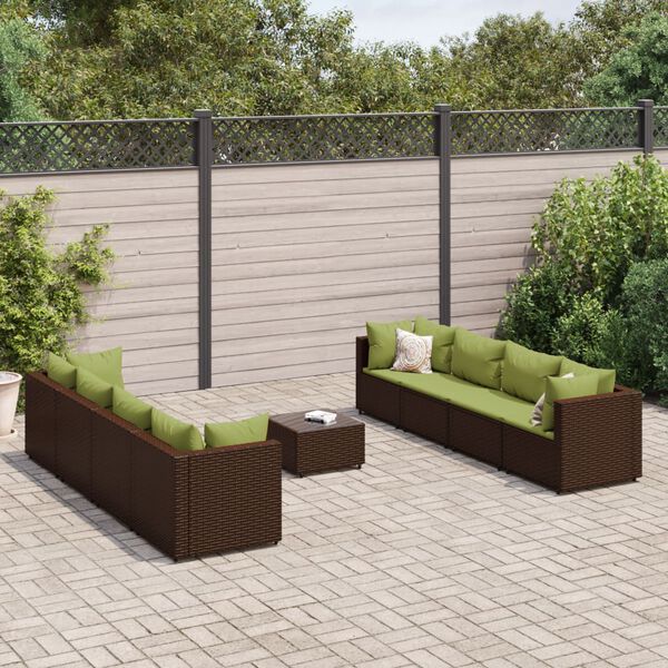 vidaXL 9-delige Loungeset met kussens poly rattan bruin