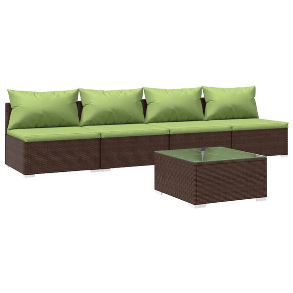 vidaXL 5-delige Loungeset met kussens poly rattan bruin