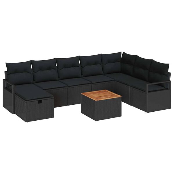 vidaXL Tuinbankenset met kussen met opslag 9 pcs Zwart poly rattan