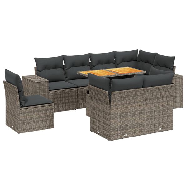 vidaXL 9-delige Loungeset met kussens poly rattan grijs