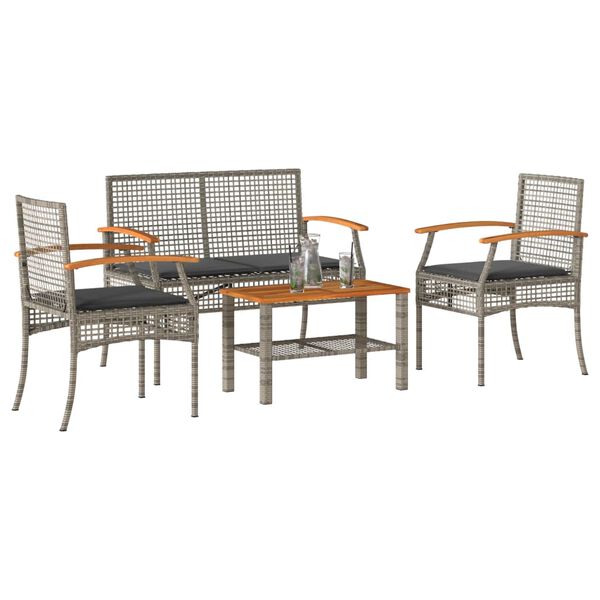 vidaXL 4-delige Loungeset met kussens poly rattan grijs