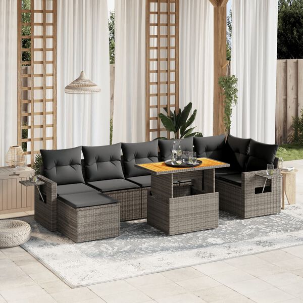 vidaXL 8-delige Loungeset met kussens poly rattan grijs