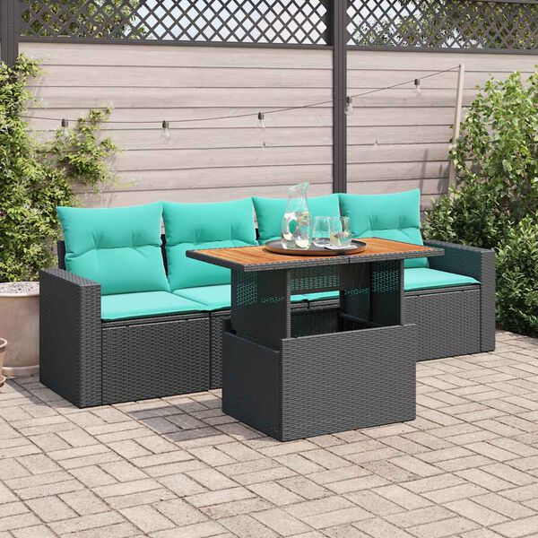 vidaXL 5-delige Loungeset met kussens poly rattan zwart
