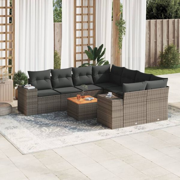 vidaXL 9-delige Loungeset met kussens poly rattan grijs